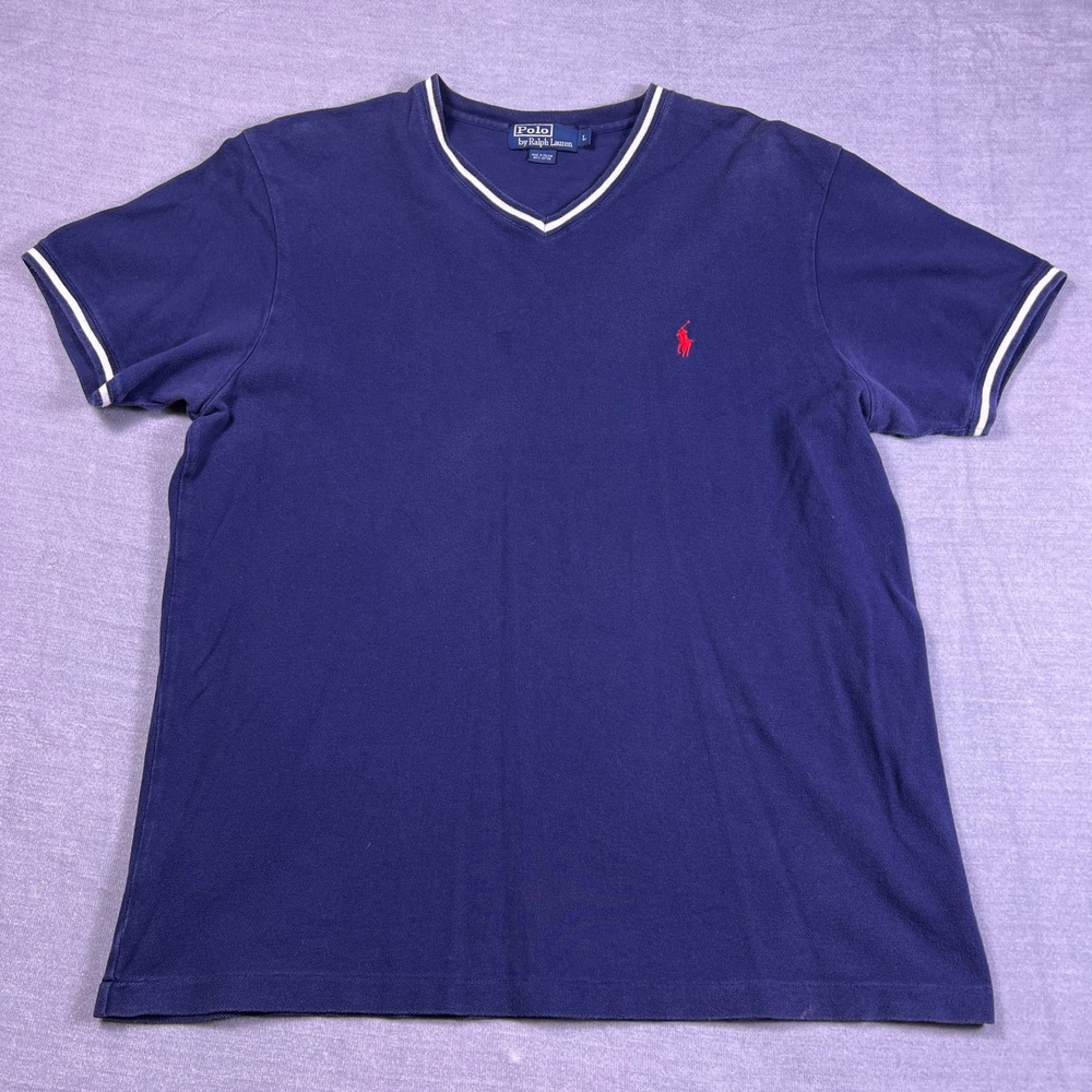 Polo Ralph Lauren Pique V-Neck Ringer Short Sleeve T-Shirt Mens Size L Blue